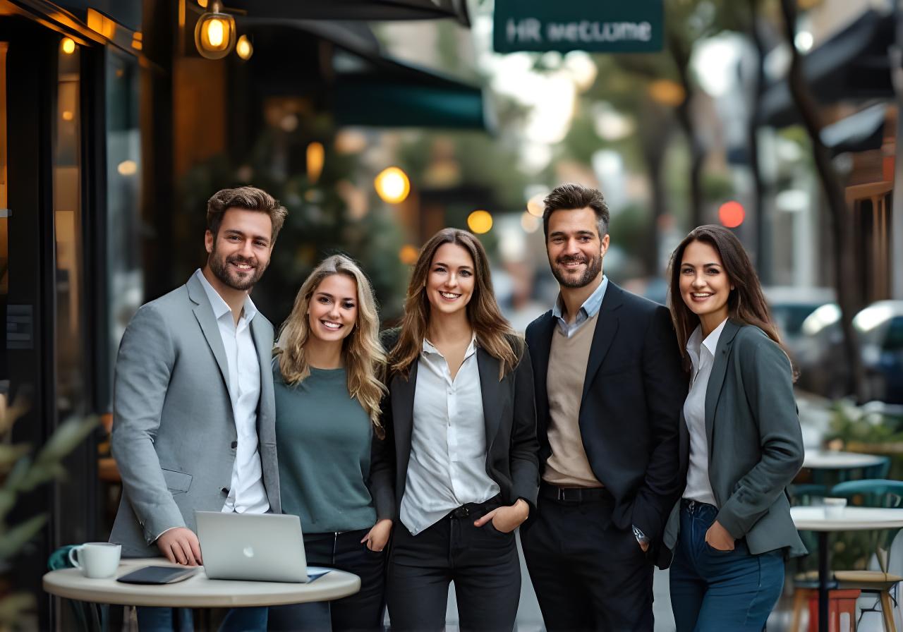 Stratton Summers Consulting team standing outside a Melbourne laneway café with laptops and coffee in a relaxed city setting