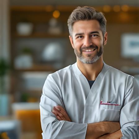 Principal dentist in a Melbourne practice portrait beside a warm clinic reception area