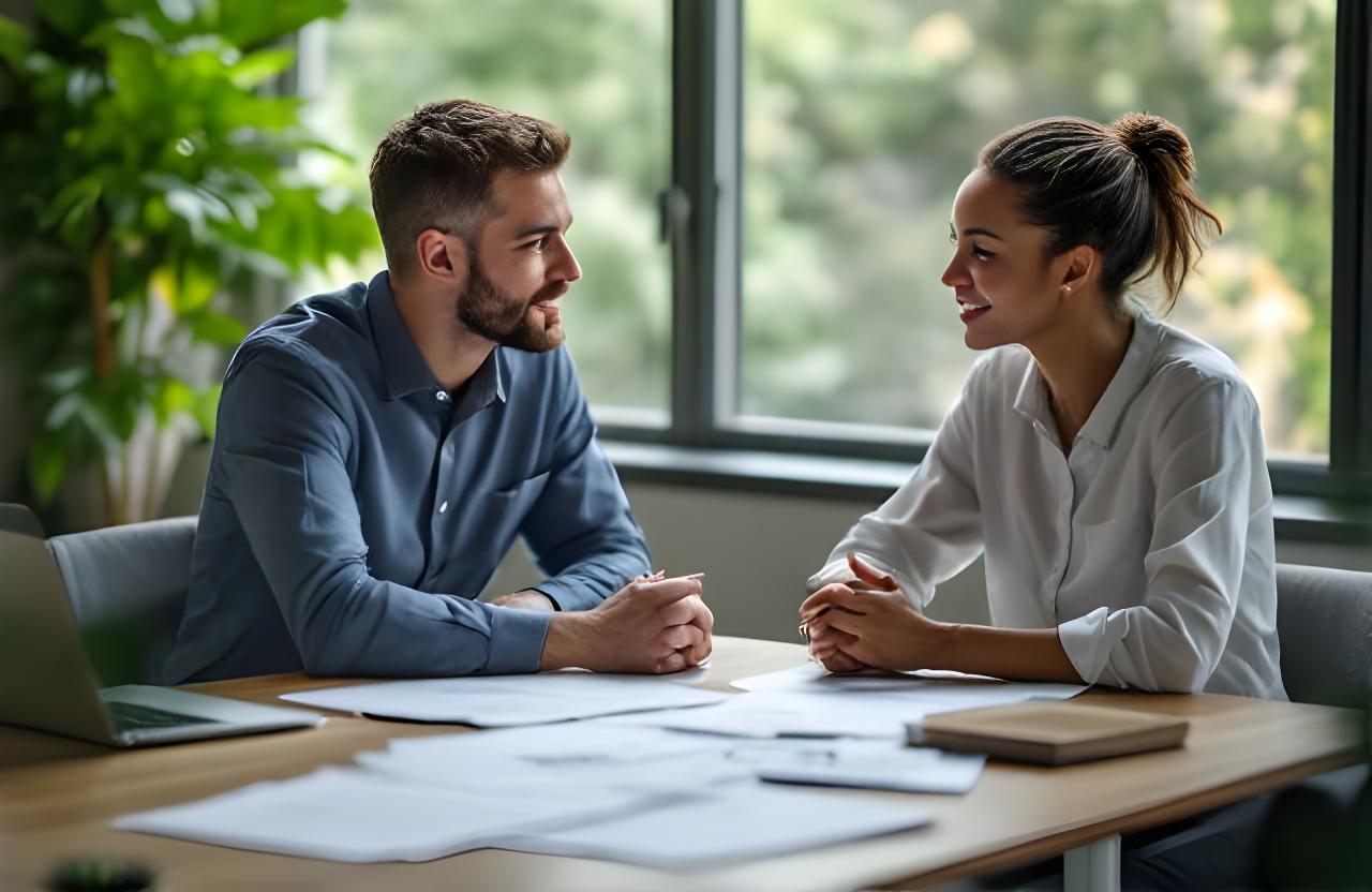 Manager and employee in a calm workplace conversation beside a meeting table with notes and a laptop