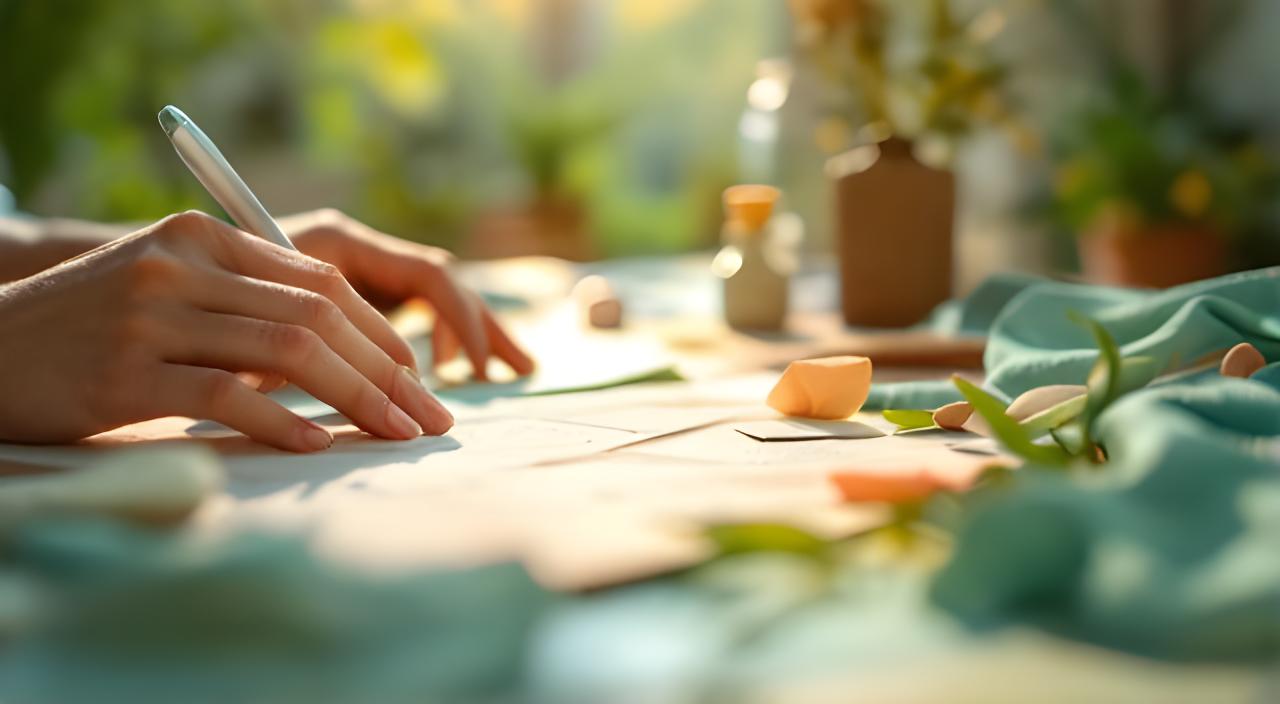 Creative fashion studio with fabric samples, a remote video call screen, and eco-conscious work materials on a sunlit table