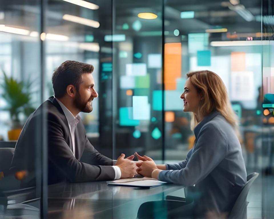 Melbourne startup founder speaking with an HR consultant beside a glass wall covered in hiring notes