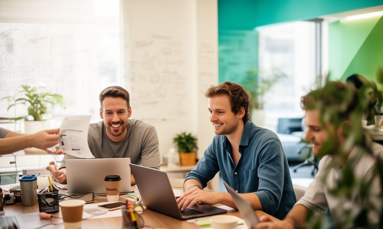 Founders and product engineers collaborating in a bright Melbourne coworking space with laptops and whiteboards