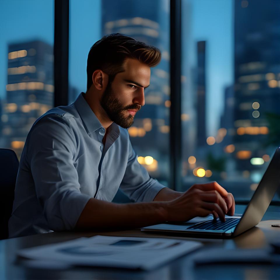 Confident Melbourne business owner reviewing growth reports in a modern office with city light in the background