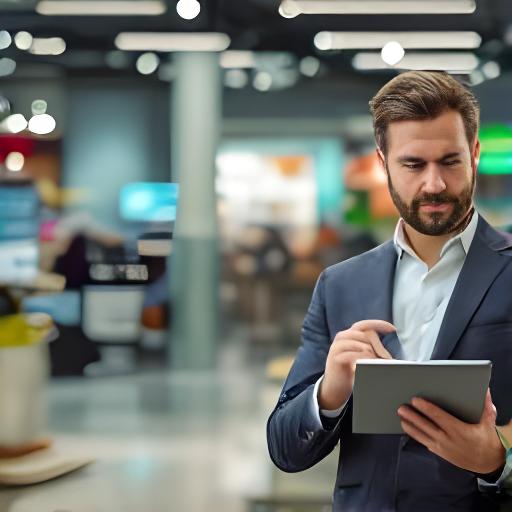 Michael Summers in a modern retail showroom reviewing workforce plans on a tablet