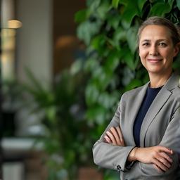 Non-profit COO standing beside a leafy office wall with a calm, confident expression