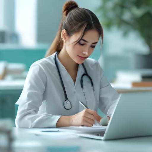 Priya Kapoor in a healthcare consultation room preparing employee relations notes beside a laptop
