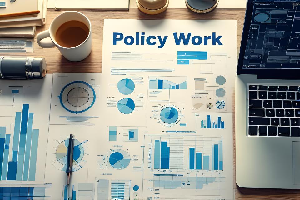 Blueprint-style document spread on a desk beside a laptop, coffee, and remote work planning notes