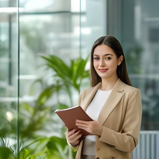 Sarah Stratton in a bright Melbourne office holding a notebook beside a glass wall and indoor plants