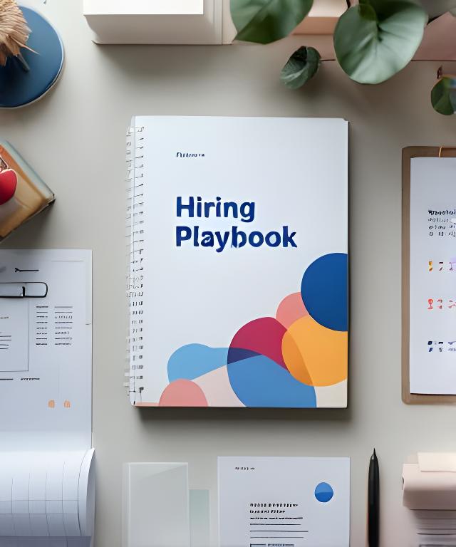 Printed hiring playbook cover on a desk beside interview scorecards and onboarding notes in a Melbourne office